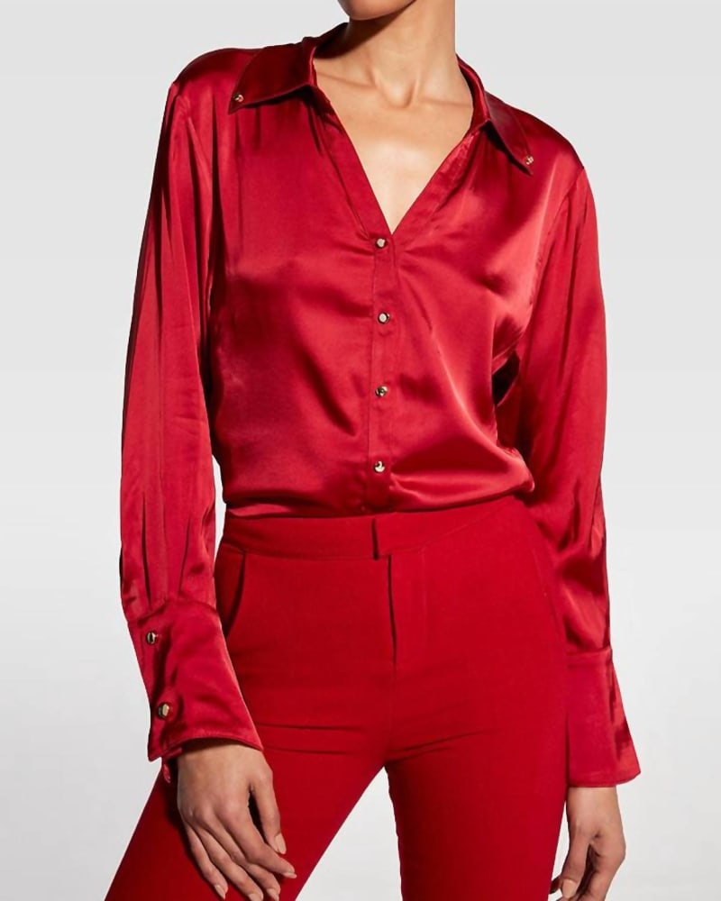 Front of a model wearing a size L Billie Blouse in Red in Red by AS by DF. | dia_product_style_image_id:332597